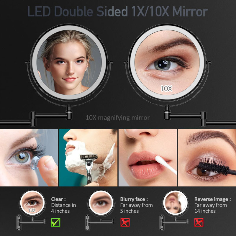 Rechargeable Lighted Wall Mounted Makeup Mirror With 3 Colour Lights,Dimmable Touch Screen,8 Inch LED Double Sided 1X/10X Magnifying 360°Flexible 13 Inch Retractable