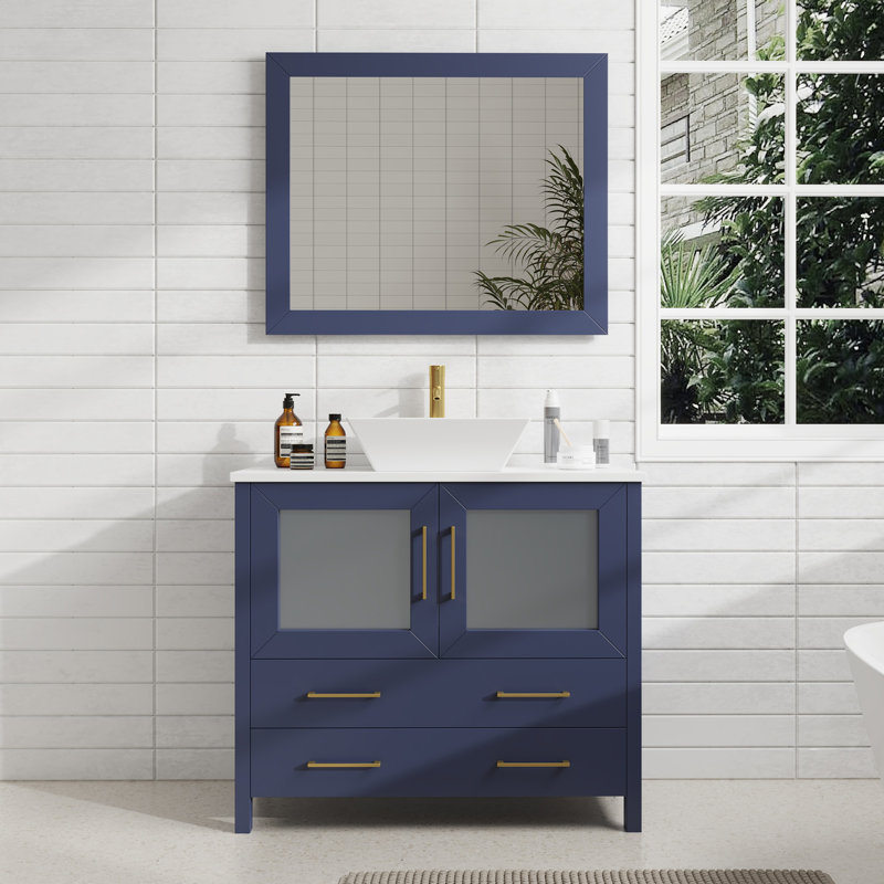 Ensemble de meuble-lavabo simple avec miroir , Bleu, 36" l