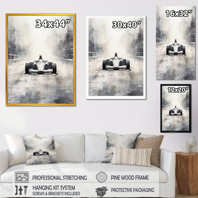 Gris, voiture de course rétro II, Cadre flottant noir, H 40 po x l 30 po x P 1,5 po
