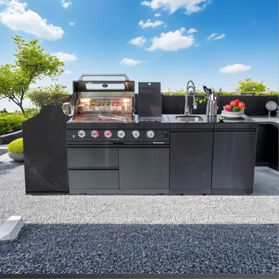 46" 4-Burner 72,000 BTU Stainless Steel Outdoor Kitchen BBQ Island Grill with Round Side Burner, Rotisserie & Sink