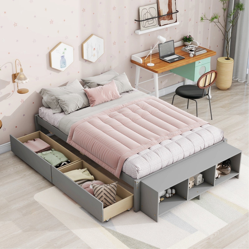 Palatka Bed with Storage Case, 2 Storage Drawers, Platform Bed, Bed Frame, Gray