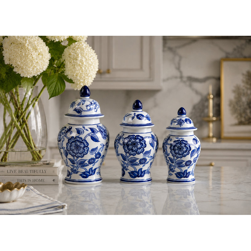 Set of 3 Blue & White Flower Food Safe Jars