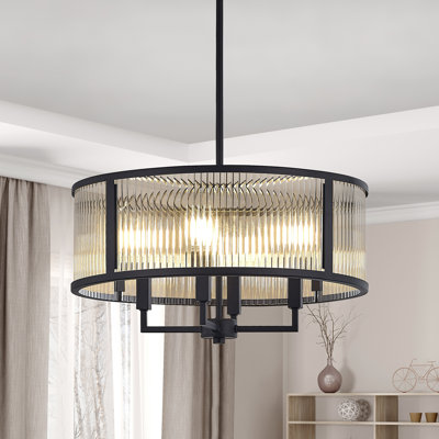 4 - Light Modern Shaded Drum Chandelier With Texture Glass, Adjustable Height Pendant Light For Dining Room, Living Room, Foyer