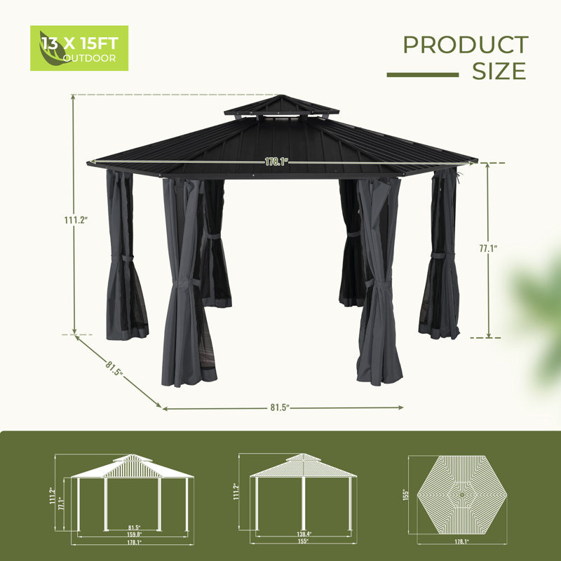  13 pi. L 15 pi. D Pavillon de jardin en aluminium, Noir
