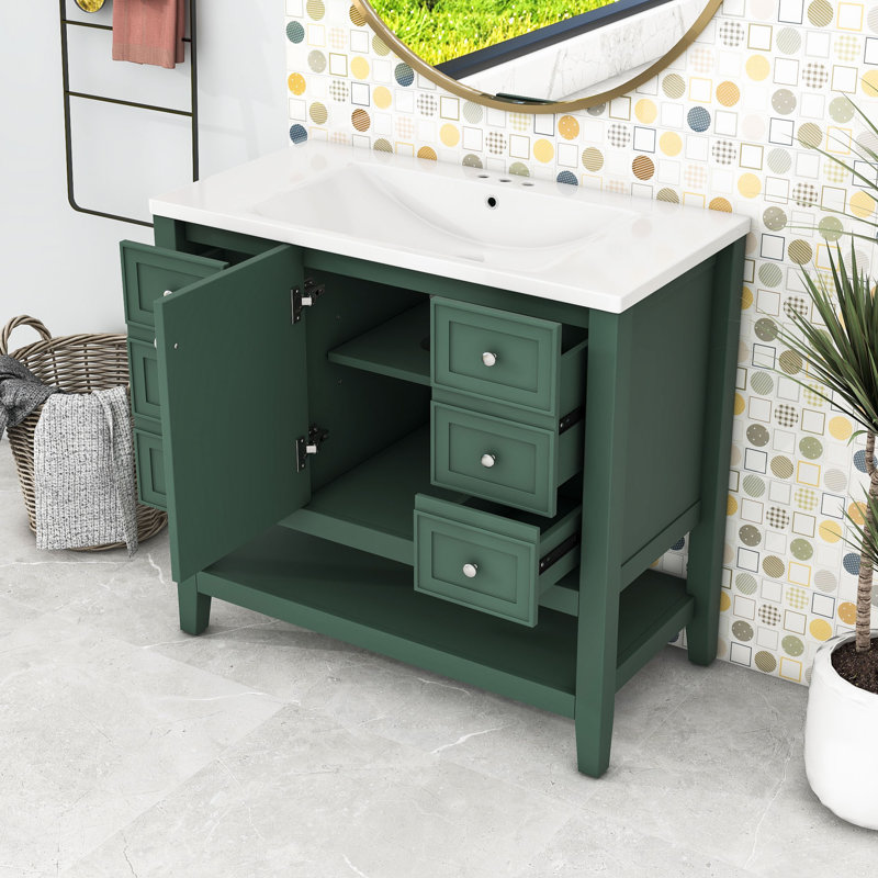 Meuble-lavabo moderne en bois avec lavabo en céramique et rangement multifonctionnel, Vert