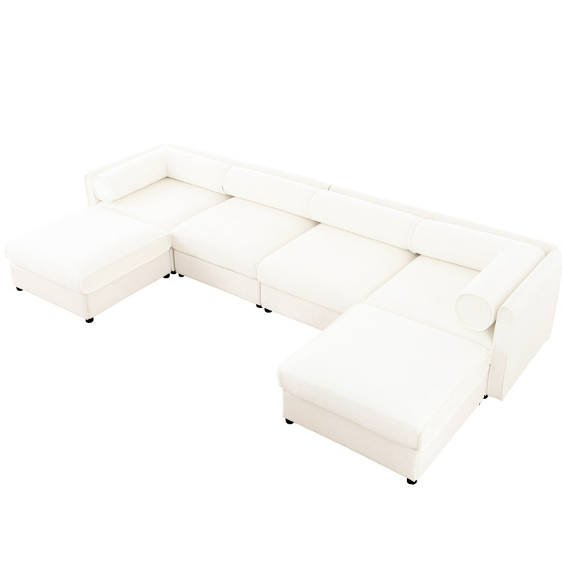 Canapé modulaire avec rangement en blanc - tissu chenille, assise profonde, cylindrique pour une expérience paisible salon modulaire chenille encastré, convertible modulaire, soutien