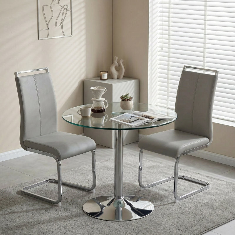Amari 3-Piece Modern Round Tempered Glass Dining Set with Metal Pedestal and Cantilever Chairs, Light Gray, Silver