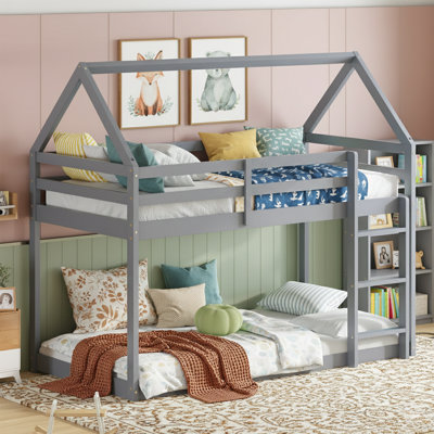  77" Twin Over Twin Floor Bunk Bed with House-Shaped Roof, Solid Wood