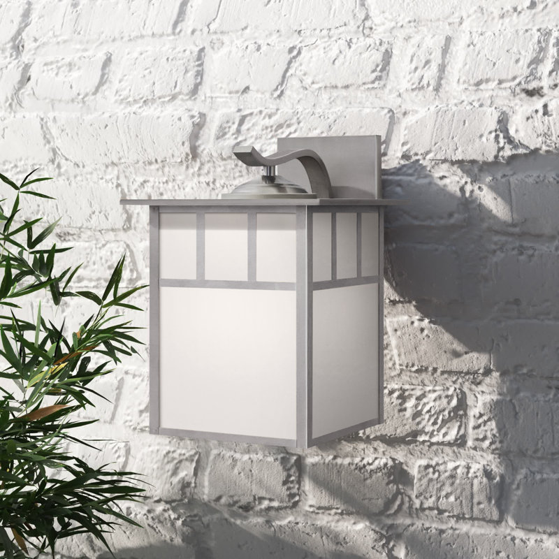 Avaline 12.5 in. H 1-Light Stainless Steel Mission Outdoor Wall Sconce made of Durable Steel, White Tiffany Glass Shade, LED Compatible, Use for Exterior Porch Patio Front Door or Garage