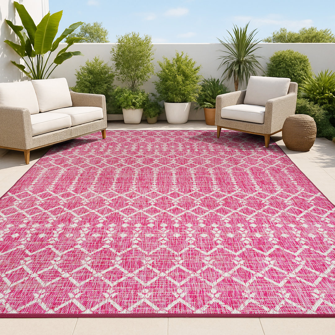 Krystina Moroccan Geometric Textured Weave Fuchsia/Light Gray Indoor/Outdoor Rug Dakota Fields Rug 