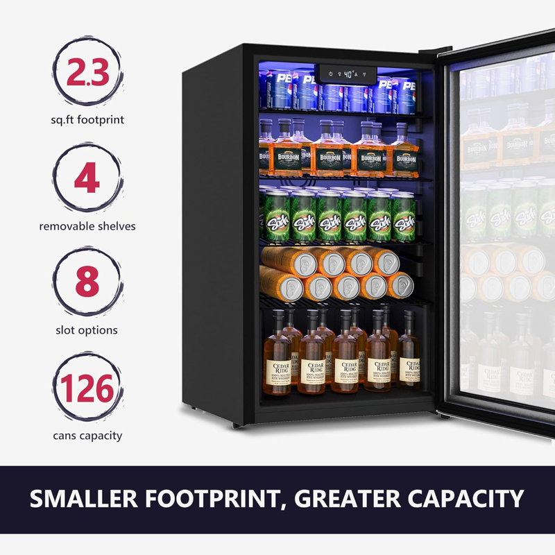 Beverage Refrigerator Cooler - 126 Can Mini Fridge With Glass Door For Soda Beer Or Wine, Beverage Cooler For Home, Office, Bar With Adjustable Removable Shelves, Silver