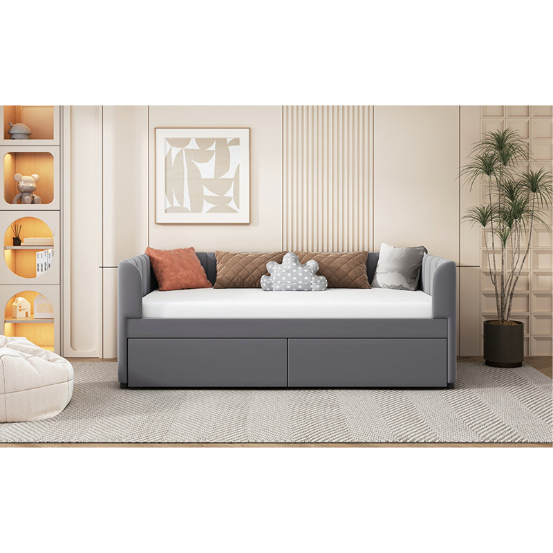 Lit de jour simple avec dossier ergonomique et 2 tiroirs, tiroirs gris contemporain pour une chambre accueillante, Gris