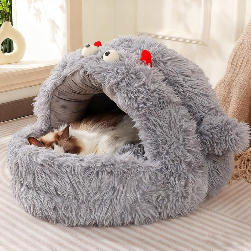 Niche pour chat à capuchon anti-anxieux avec fond antidérapant pour chats d'intérieur et petits chiens Monster, Gris