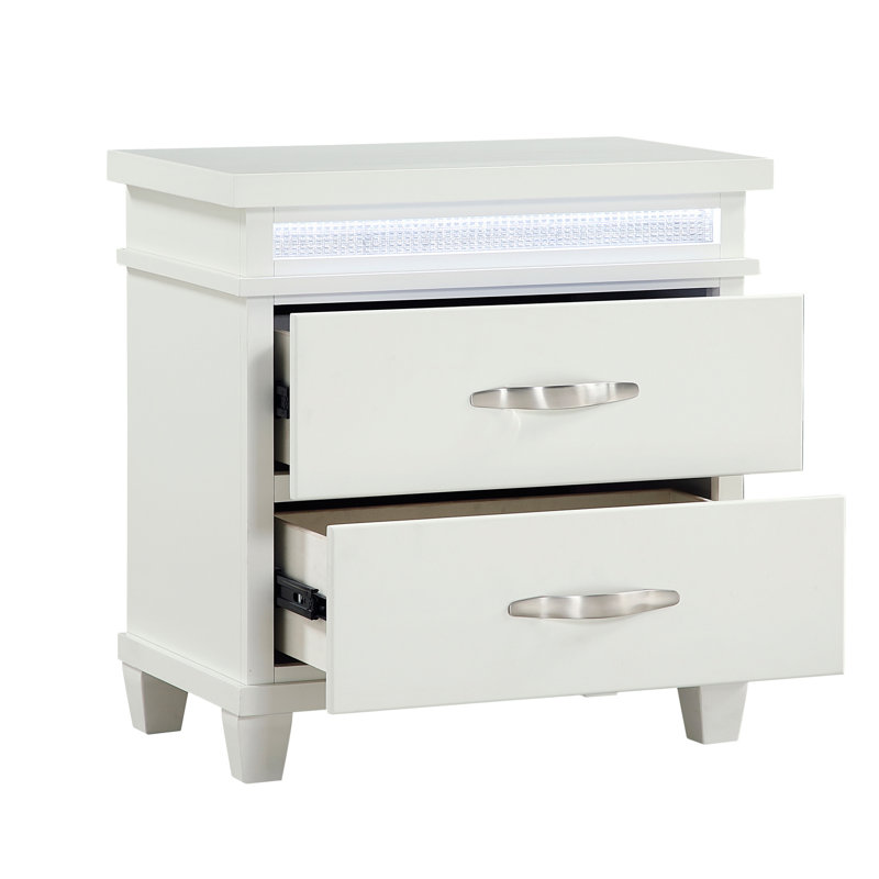 Table de chevet pour chambre à coucher avec 2 tiroirs au fini blanc et 2 lumières DEL