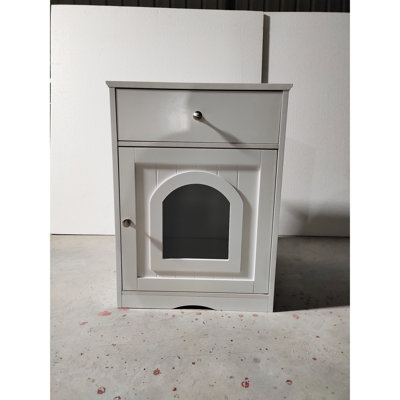 Wooden Pet Crate Cat Litter Box Enclosure With Side Table - White & Drawer For Indoor