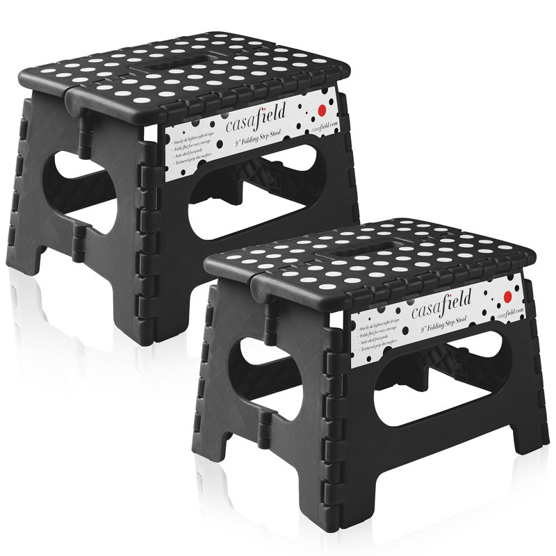 9" Folding Step Stool With Handle, Set Of 2, Black