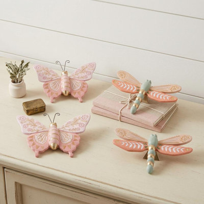 Set of Four Pink And Green Polyresin Butterfly And Dragonfly Figurines