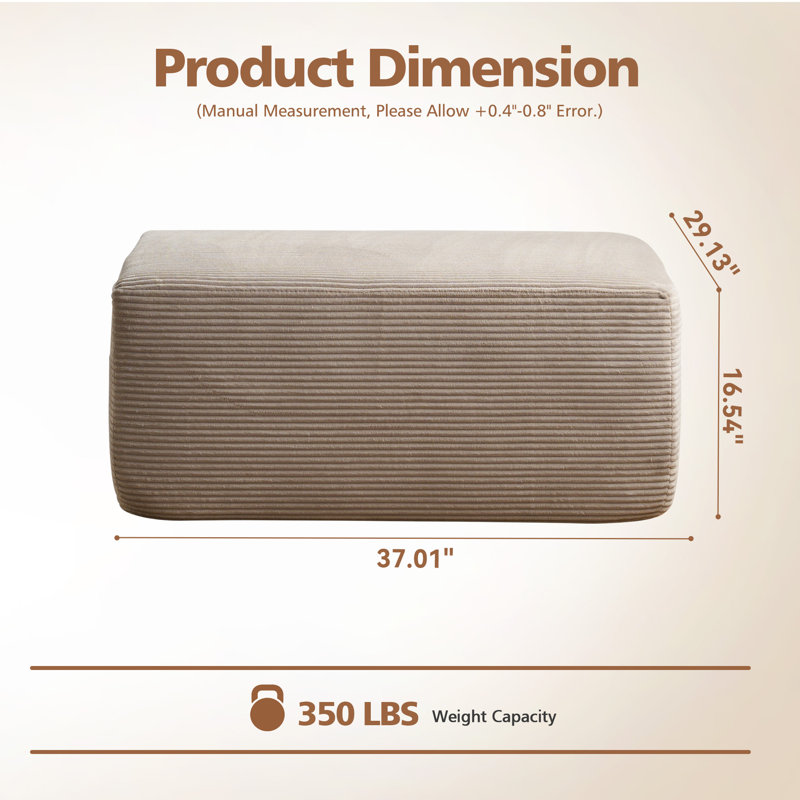 37.01'' Wide Fluffy Ottoman, Plush Accent Pouf, For Modern Interior Design, Ivory Corduroy