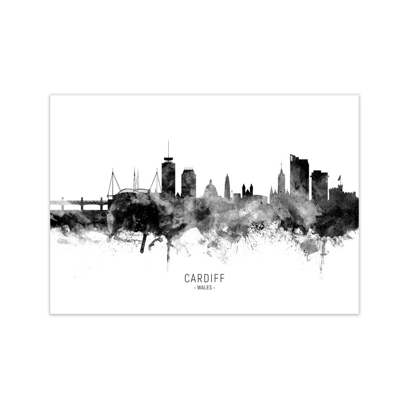 Cardiff Wales Skyline Black White City Name by Michael Tompsett - Print, 42cm H x 59cm W x 1cm D, Unframed