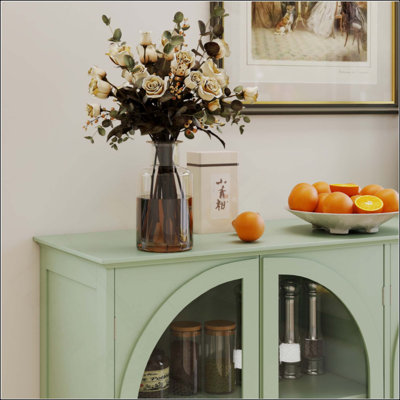 Buffet en verre arqué, 2 tiroirs et 4 portes en verre, armoire de présentation avec tablettes réglables, armoire de cuisine moderne pour le vestibule du salon