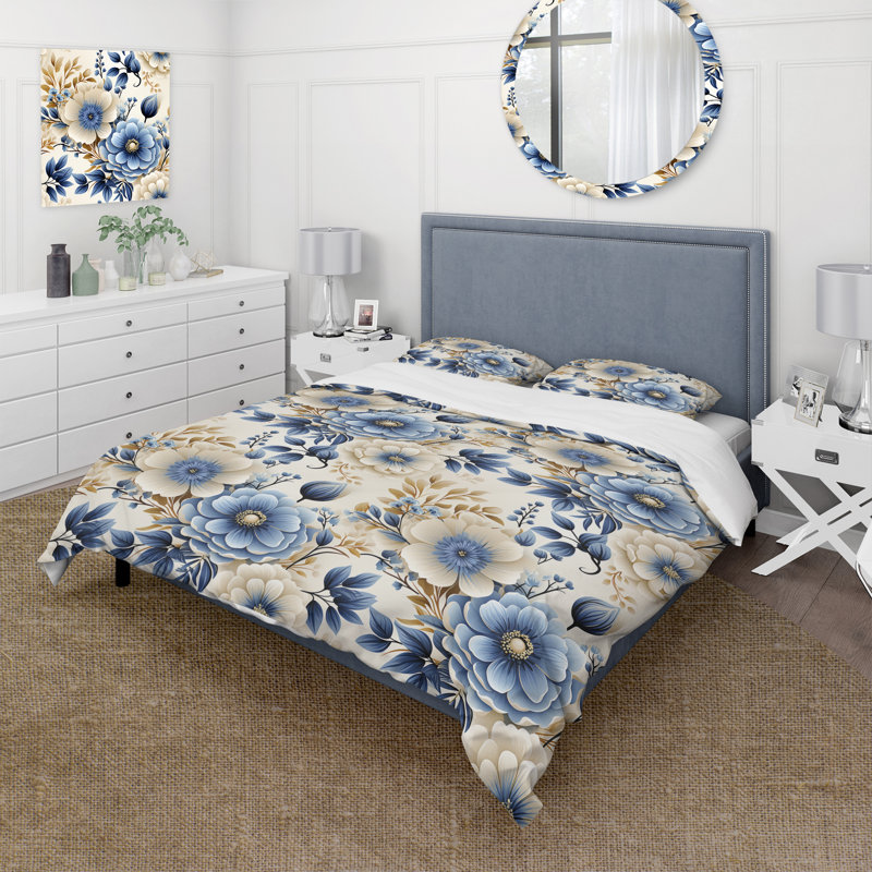 Ensemble de housse de couette Classic Blue Harmony Bouquet, Housse de couette pour très grand lit et 2 très