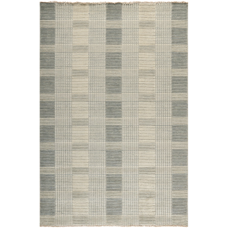 Tapis gris/ivoire en laine noué la à la main