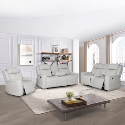Ensemble de salon contemporain rembourré 3 pièces avec fauteuil inclinable, canapé à console rabattable et causeuse avec console de rangement et porte-gobelets, blanc