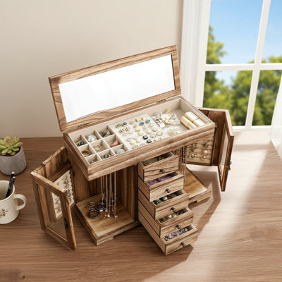 Women's Vintage Wooden Jewelry Box, Five-Layer Storage And Display Box With Mirror, Suitable For Necklaces, Earrings, Rings, And Bracelets. A Perfect Valentine's Day Gift. Brown.