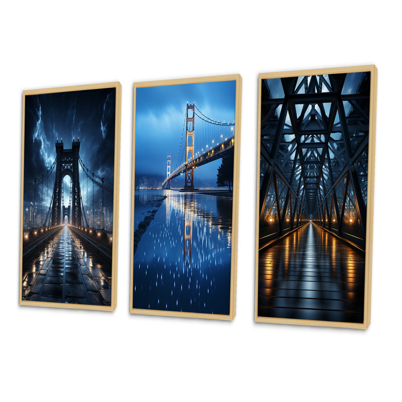 «Blue Bridge Suspension Bridge Charcoal», 3 pièces sur toile, Encadré naturel, H 28 po x l 36 po