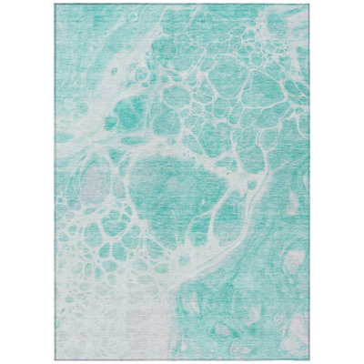 10' X 14' Aqua Teal Blue And Ivory Nautical Washable Indoor Outdoor Area Rug
