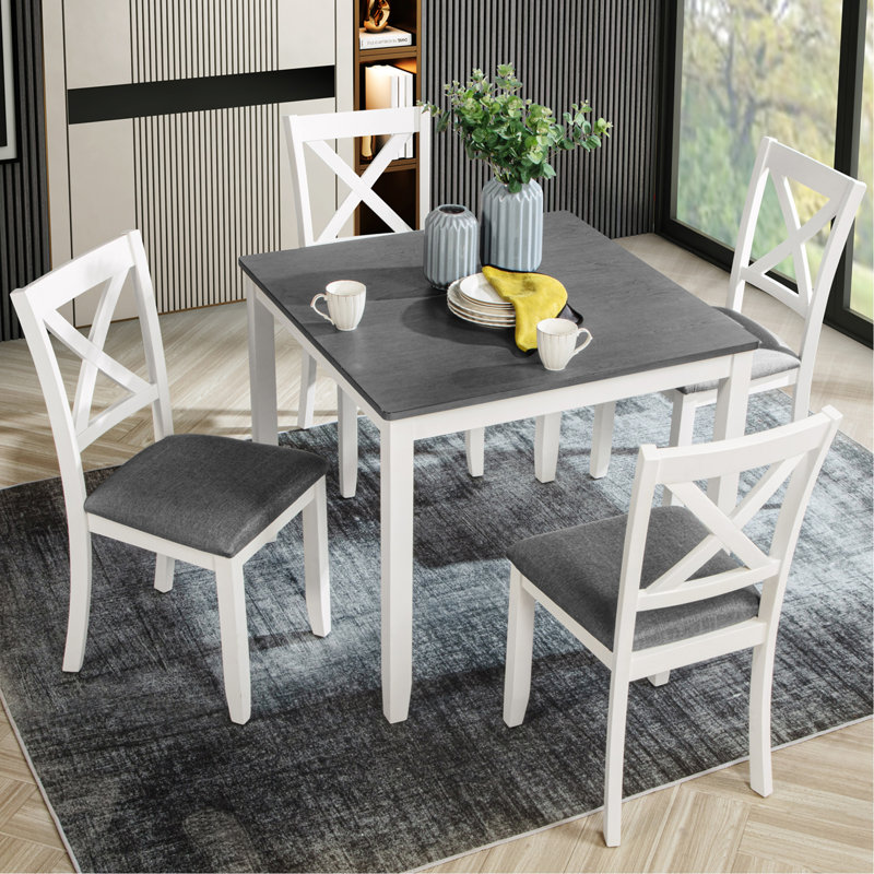 5 tables de salle à manger avec chaises, bois moderne, gris et blanc, construction, tapis antidérapants, facile à assembler pour la pièce 4, 5, style et structure en bois cintré, plateau chauffant, sièges confortables,