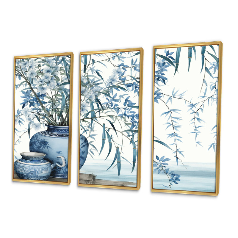 Ensemble de salon d'art mural en bambou, sérénité chinoise en bambou bleu, Cadre flottant doré, H 28 po x l 36 po x P 1 po