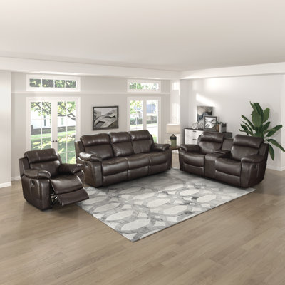 Jizzel Traditional Faux Leather 3-Piece Living Room Set with Gliding Motion, Drop-Down Table & Center Storage Console by Latitude Run
