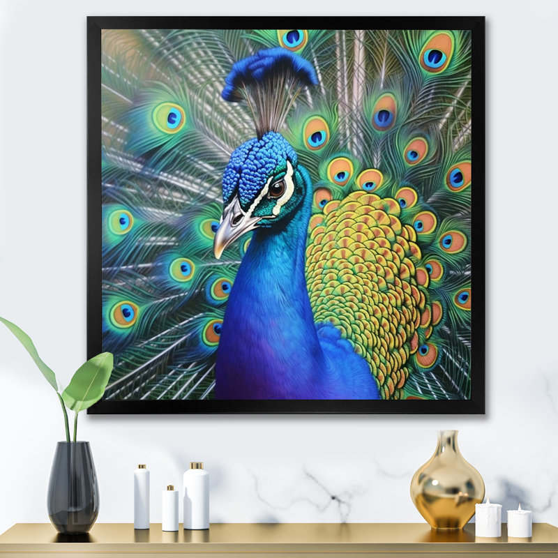 Impression sur toile Vibrant Peacock III - Animaux, Cadre simple noir, H 16 po x l 16 po x P 1 po