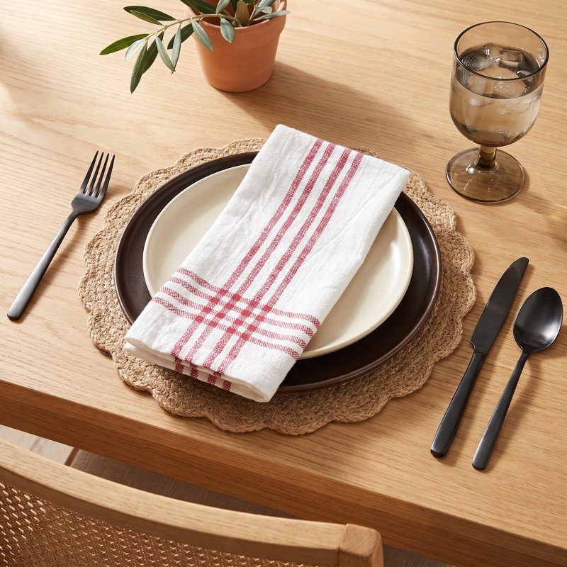 Panna Cotton Striped Square Napkin, Bright Red