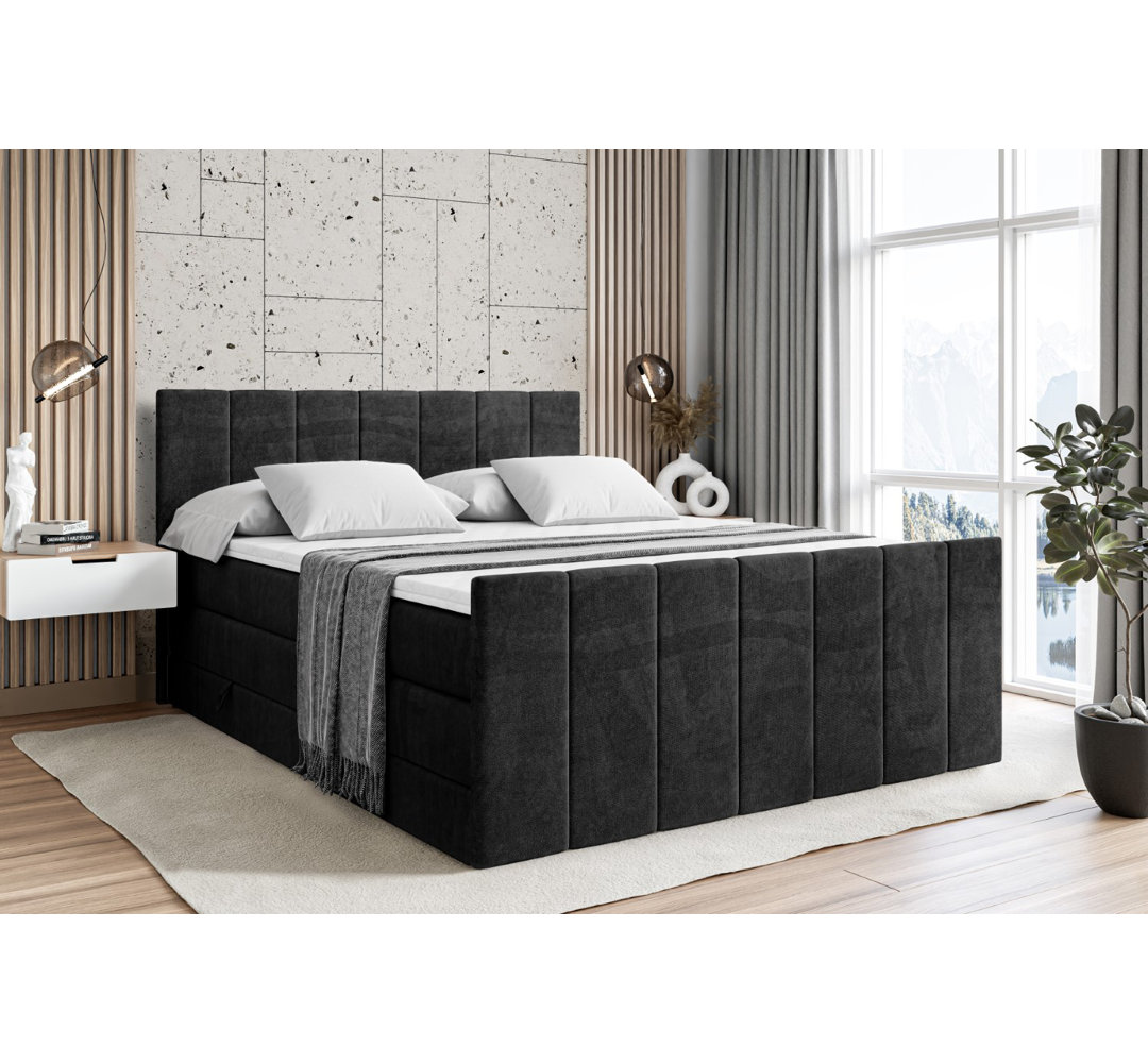 Echtes Boxspringbett Bhairoston mit Zwei Matratzen, Topper und Bettkasten