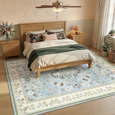 Washable Floral Boho Area Rug Modern with Non-Slip Backing for Living Room Bedroom-Blue