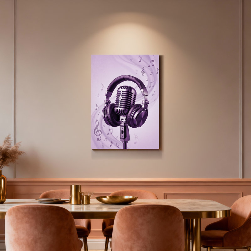 Ensemble de 1 tableau sur toile représentant un microphone et un casque violets avec des notes de musique, H 36 po x l 24 po