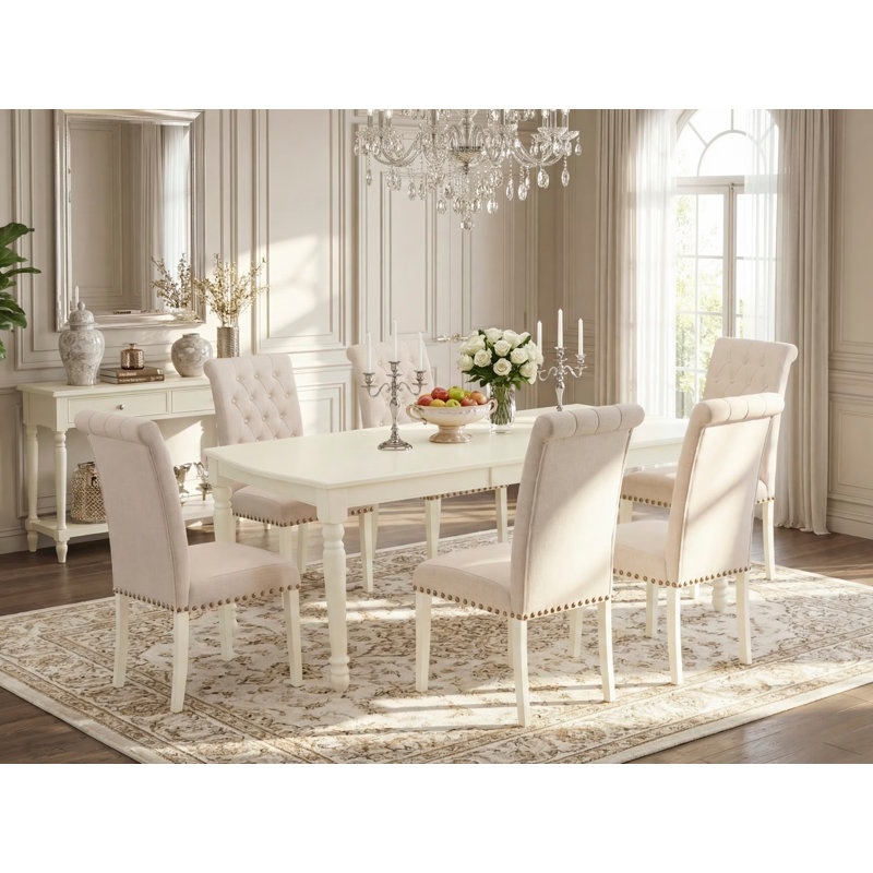7 Piece Dining Table Set Consist of a Rectangle Table with Butterfly Leaf and 6 Light Beige Linen Fabric Upholstered Chairs, Linen White
