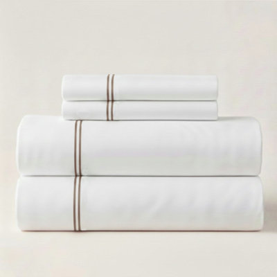 500TC Cotton Double Embroidery Sateen Solid Cotton 4 Piece Sheet Set Fitted Sheet Fits Upto 16" Deep Pocket