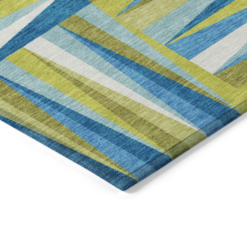 Teal and Green Geometric Washable Indoor/Outdoor Rug