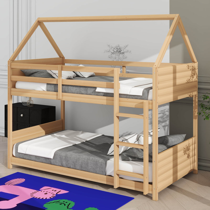 Lit superposé simple au-dessus d'un lit simple au dessus de la maison avec panneaux de tête et de pied, Chêne blanc