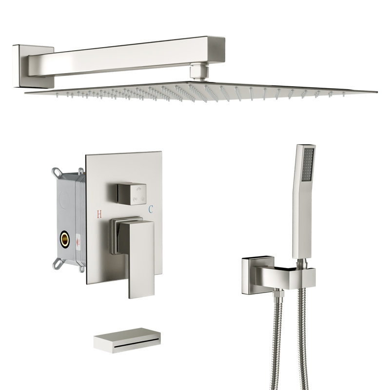 Système de douche mural double 12 po avec valve brute 12 po, Nickel brossé