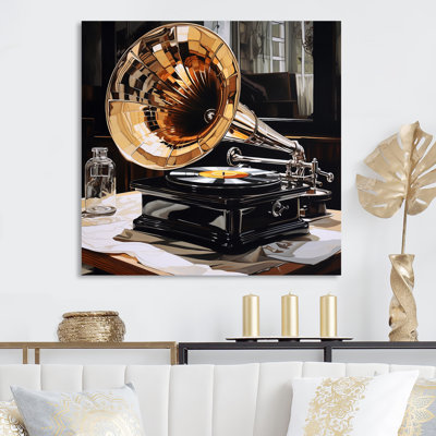 Gold Black Phonograph Reflections - Music Wall Art Living Room