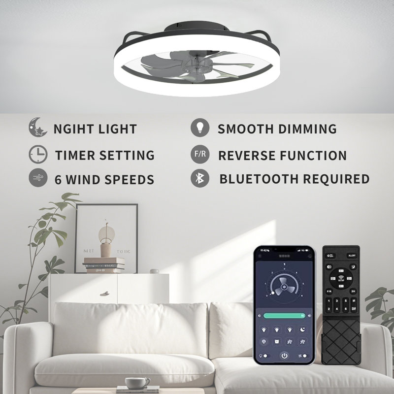 Ventilateur de plafond 20 pouces à 7 pales et intensité variable avec lumière DEL et télécommande, Noir mat