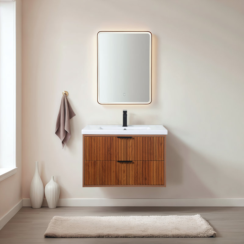Ensemble de meuble-lavabo simple mural moderne 30 po, Brun