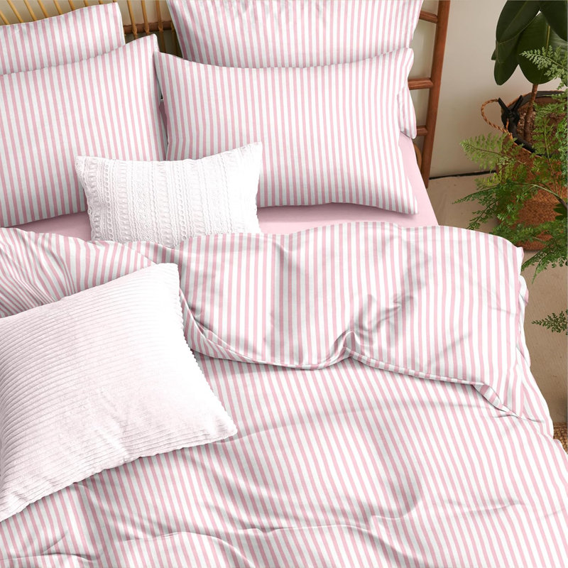 Ensemble de literie pour dortoir à rayures bleues et roses, Housse de couette pour lit simple + 1 taie d'oreil, Rose
