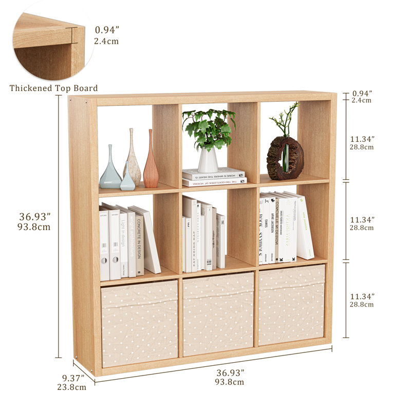 Bibliothèque à 9 compartiments avec rangement à 9 cubes, tablette robuste pour le salon, bureau à domicile, chêne naturel