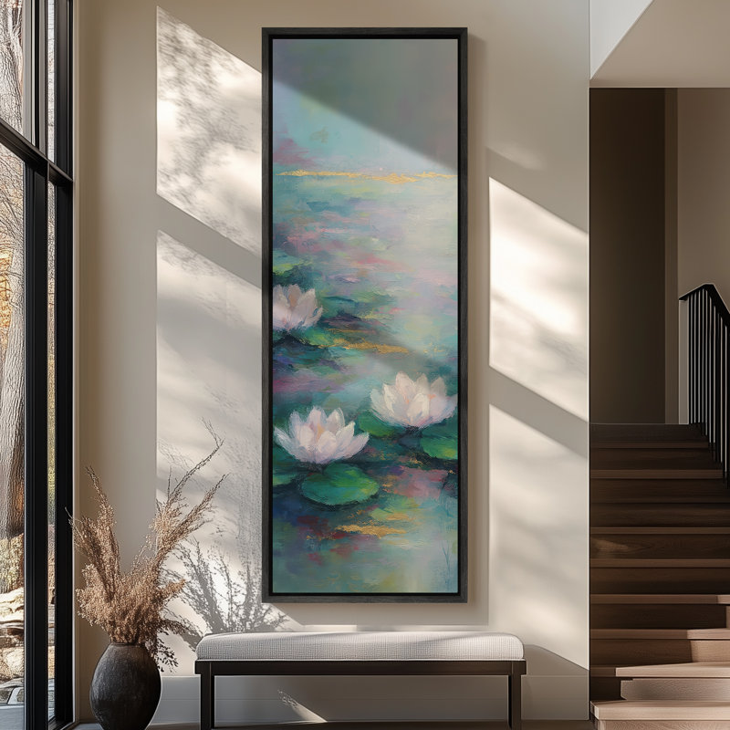 Art mural encadré de nénuphars - impression botanique florale pour décoration murale moderne, H 60 po x l 20 po, Noir