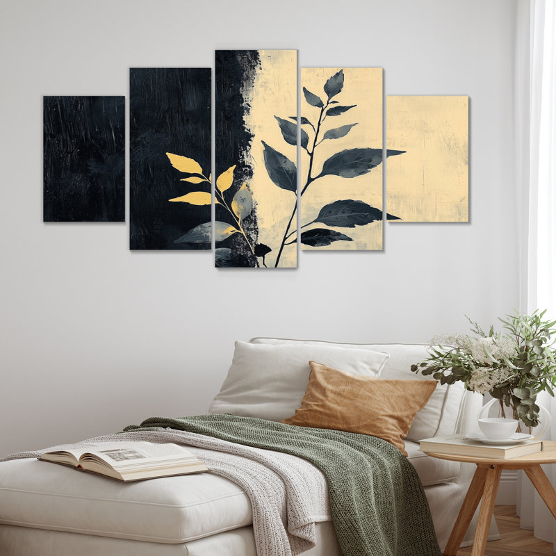 «Black and Beige Herbs Elegance», ensemble d'art mural herbes florales